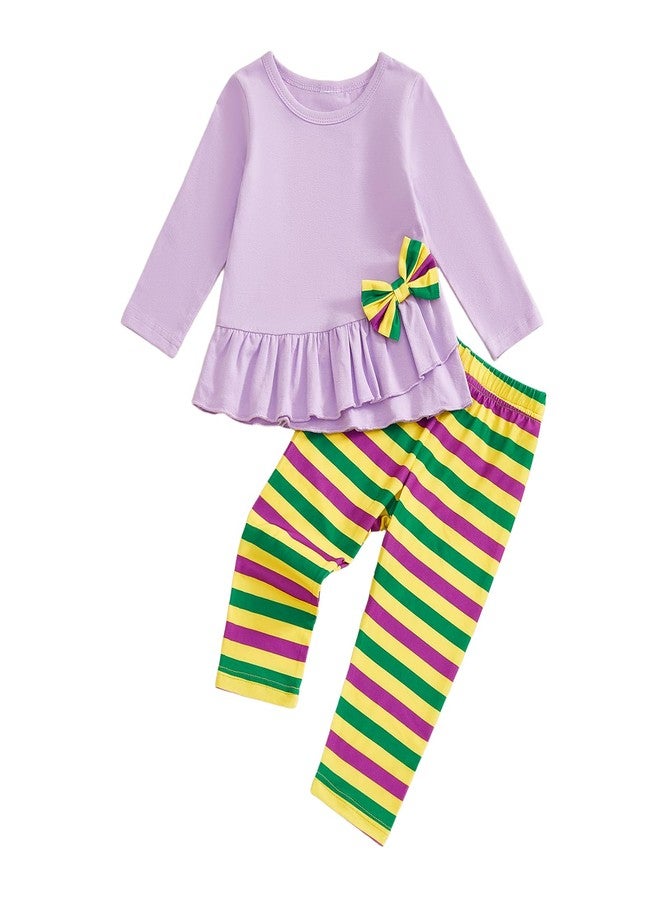 GOOCHEER Toddler Baby Girl Mardi Gras Outfit Long Sleeve Shirt Tunic Dress Top and Striped Pants Leggings Set (Purple, 3-4T) - Image 1