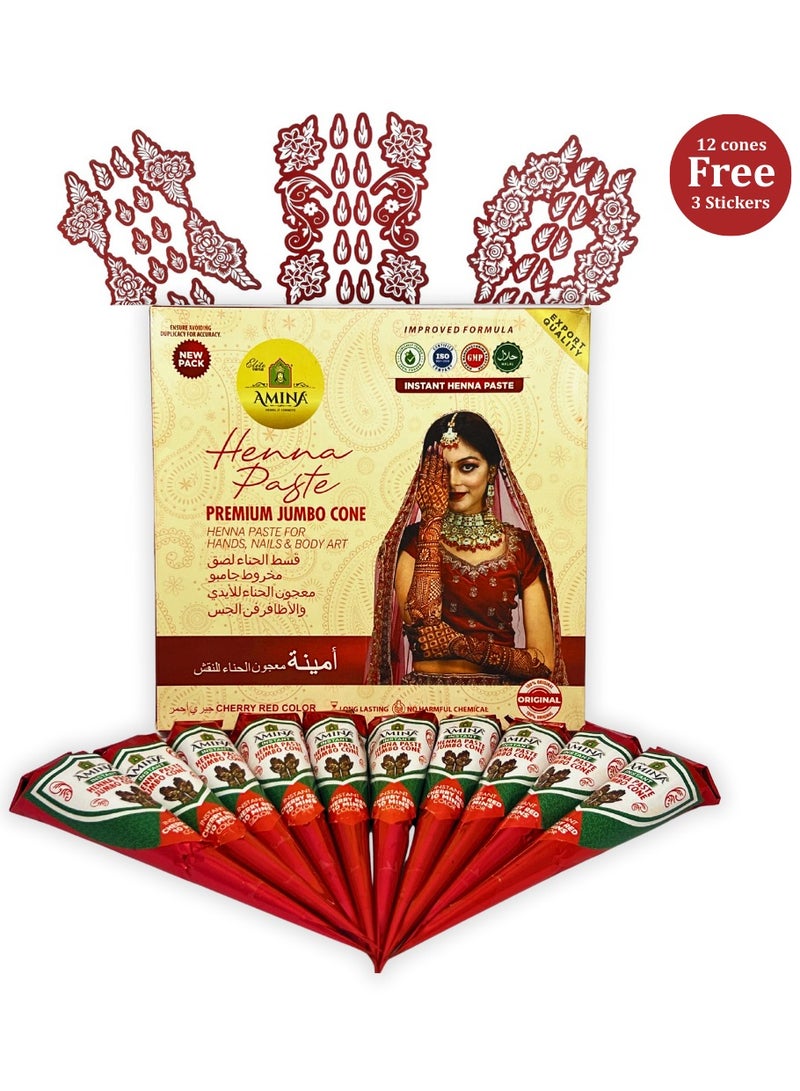 أمينا حناء أمينة سريعة التحضير، مخروط حناء | مع مجموعة مجانية من 3 ملصقات/استنسلات كاملة لليدين | بدون مواد كيميائية | يدوم طويلاً | عبوة من 12 قطعة، وزن كل منها 45 غرامًا | لون أحمر كرزي - Image 1