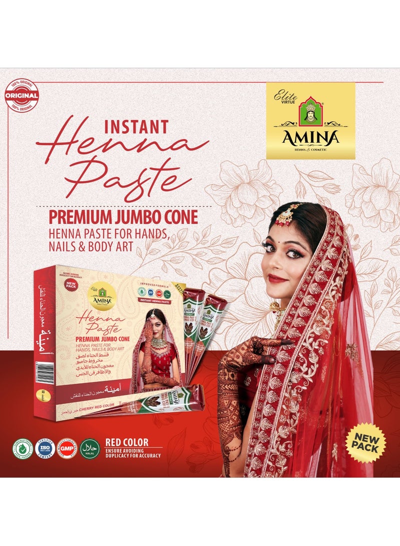 أمينا حناء أمينة سريعة التحضير، مخروط حناء | مع مجموعة مجانية من 3 ملصقات/استنسلات كاملة لليدين | بدون مواد كيميائية | يدوم طويلاً | عبوة من 12 قطعة، وزن كل منها 45 غرامًا | لون أحمر كرزي - Image 4