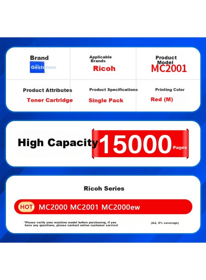 Gezan M C2001 Toner Cartridge Compatible With Ricoh Mc2000 Toner Cartridge, Ricoh Mc2001 Toner, Mc2000ew/c/l/sp Printer, Mc2501 Copier Ink Cartridge, Toner Powder, Drum Unit, Red High Capacity