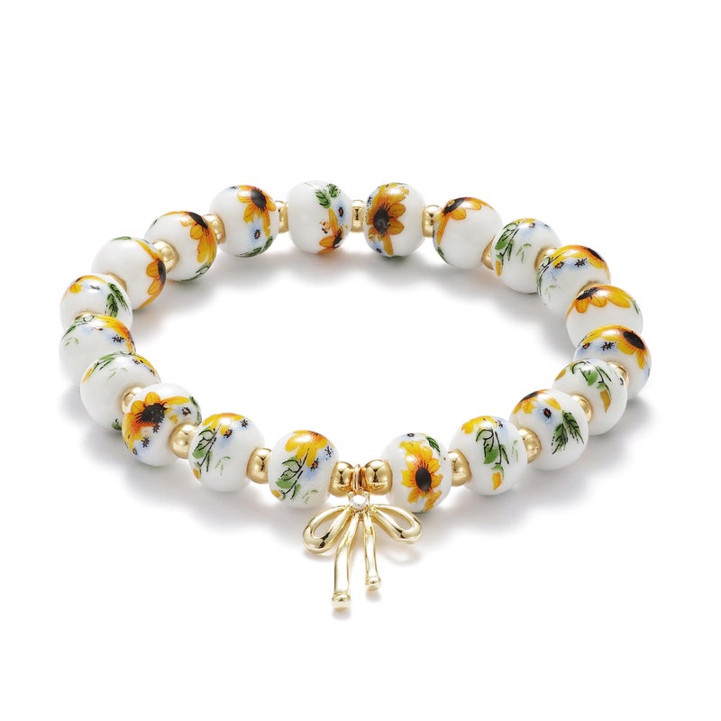 Agromusk Beads Bow Charm Bracelet for Women Sunflower Vintage Bracelet Handmade Stretch Strand 18K Gold Plated Beaded Bracelet Yellow Flower Decor Coquette Aesthetic Dainty Romantic Jewelry Gift for Her (Sunflower) - Image 2