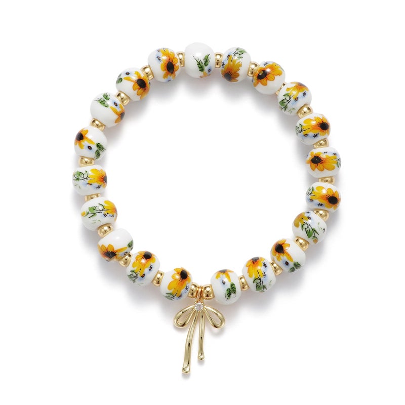 Agromusk Beads Bow Charm Bracelet for Women Sunflower Vintage Bracelet Handmade Stretch Strand 18K Gold Plated Beaded Bracelet Yellow Flower Decor Coquette Aesthetic Dainty Romantic Jewelry Gift for Her (Sunflower) - Image 1