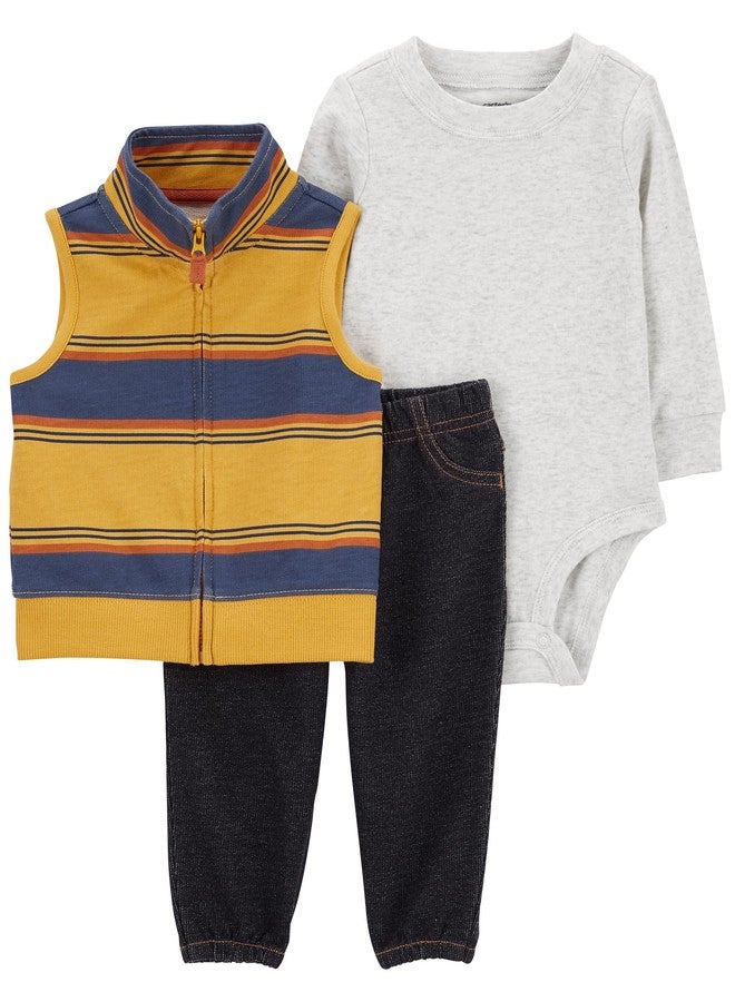 Carter's Baby Boys' 3 Piece Plaid Patch Little Vest Set (Multi/yellow stripe, 24 Months) - Image 1