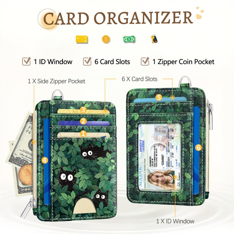 Kelvoris Cute Black Cat Credit Card Holder Small Wallet Women, Green Grass Slim RFID Blocking Wallet Woman Keychain with Zipper Coin Pocket, Front Pocket Thin Travel Card Case with ID Window for Ladies Gifts - Image 3