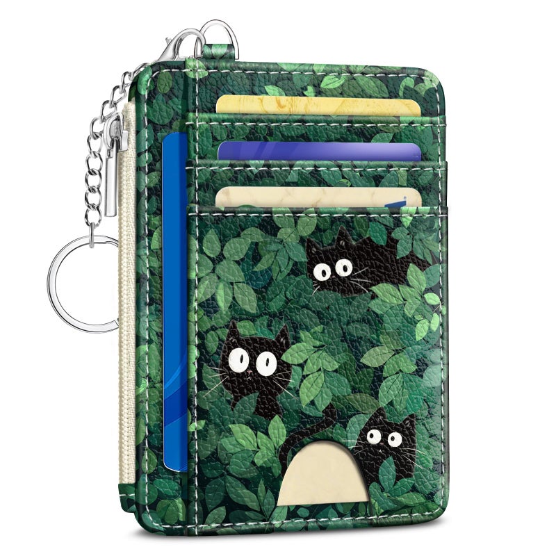 Kelvoris Cute Black Cat Credit Card Holder Small Wallet Women, Green Grass Slim RFID Blocking Wallet Woman Keychain with Zipper Coin Pocket, Front Pocket Thin Travel Card Case with ID Window for Ladies Gifts - Image 1