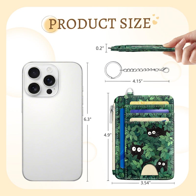 Kelvoris Cute Black Cat Credit Card Holder Small Wallet Women, Green Grass Slim RFID Blocking Wallet Woman Keychain with Zipper Coin Pocket, Front Pocket Thin Travel Card Case with ID Window for Ladies Gifts - Image 5
