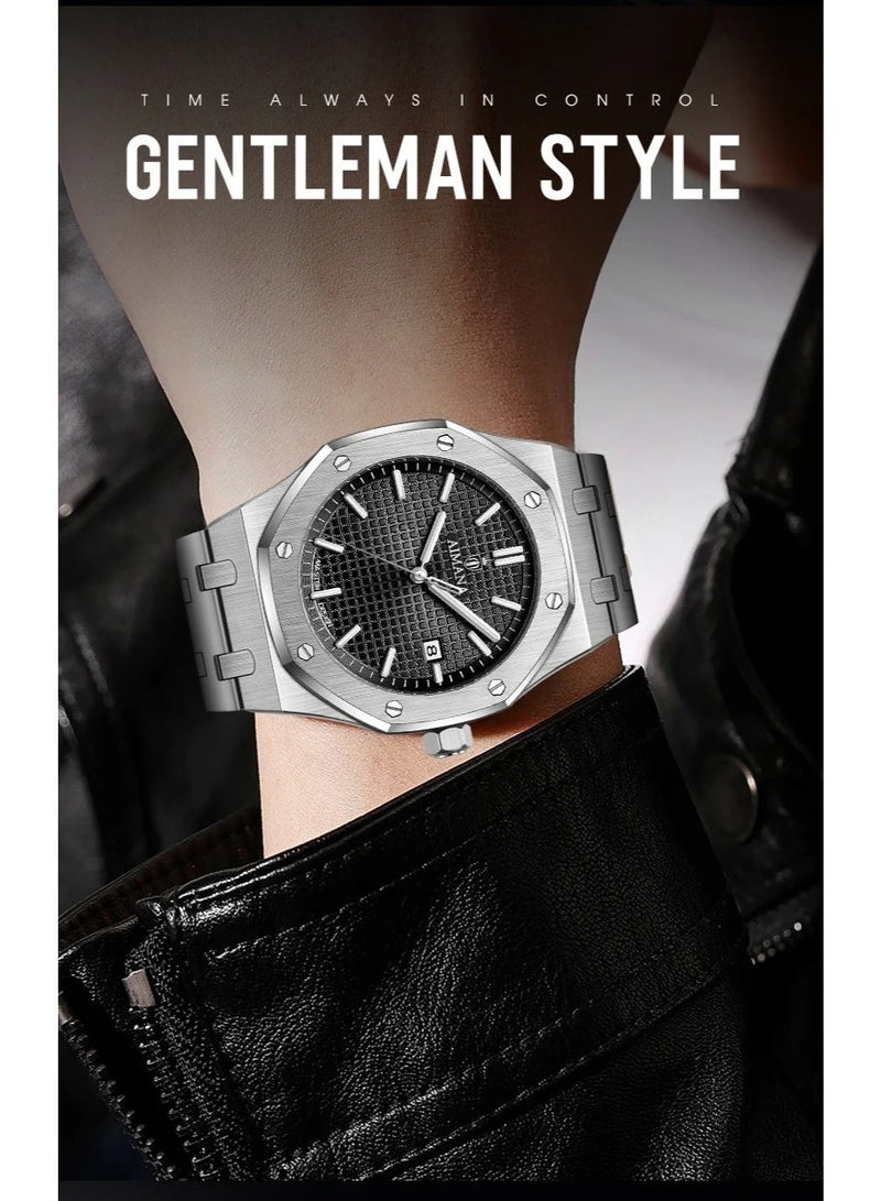 AIMANA Luxury Men's Octagonal Watch - Stainless Steel Band, Black Grid Dial, Date Display, Waterproof Business Wristwatch for Men - Image 3