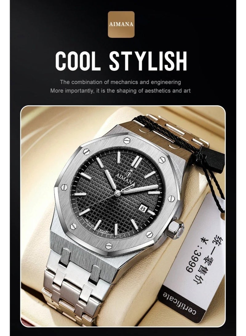 AIMANA Luxury Men's Octagonal Watch - Stainless Steel Band, Black Grid Dial, Date Display, Waterproof Business Wristwatch for Men - Image 4