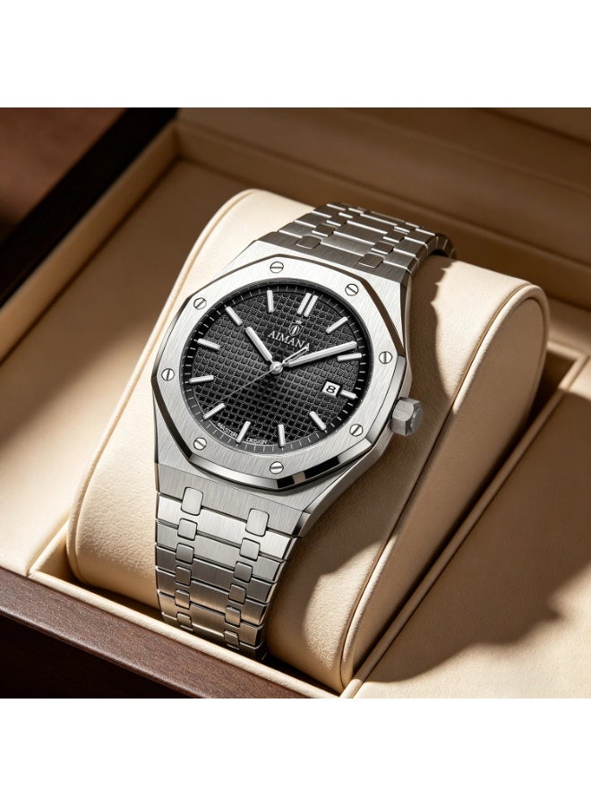 AIMANA Luxury Men's Octagonal Watch - Stainless Steel Band, Black Grid Dial, Date Display, Waterproof Business Wristwatch for Men - Image 1