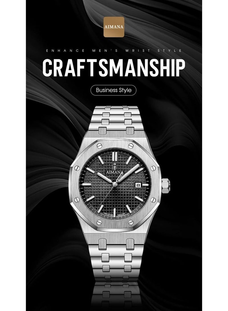 AIMANA Luxury Men's Octagonal Watch - Stainless Steel Band, Black Grid Dial, Date Display, Waterproof Business Wristwatch for Men - Image 2