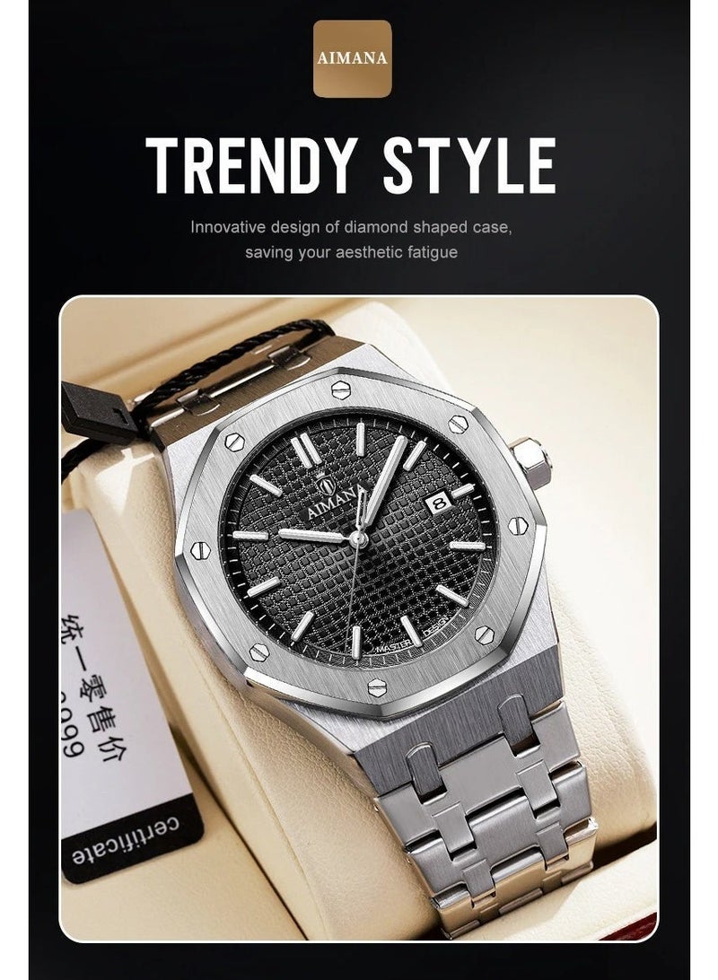 AIMANA Luxury Men's Octagonal Watch - Stainless Steel Band, Black Grid Dial, Date Display, Waterproof Business Wristwatch for Men - Image 5