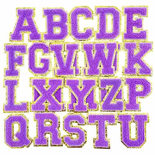 Jongdari Chenille Iron on Letters for Clothing, Glitter Varsity Alphabet Patch Sewing Appliques with Ironed Adhesive - 26pcs, Purple - Image 1