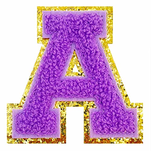 Jongdari Chenille Iron on Letters for Clothing, Glitter Varsity Alphabet Patch Sewing Appliques with Ironed Adhesive - 26pcs, Purple - Image 2