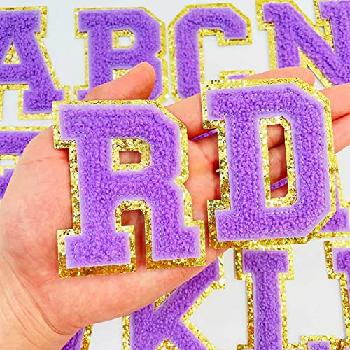 Jongdari Chenille Iron on Letters for Clothing, Glitter Varsity Alphabet Patch Sewing Appliques with Ironed Adhesive - 26pcs, Purple - Image 3