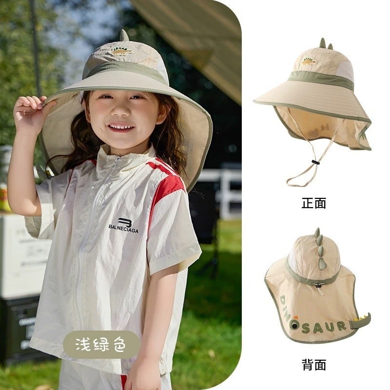 Kids' Sun Protection Hat with Dinosaur Design - Breathable Summer Beach Cap for Boys and Girls