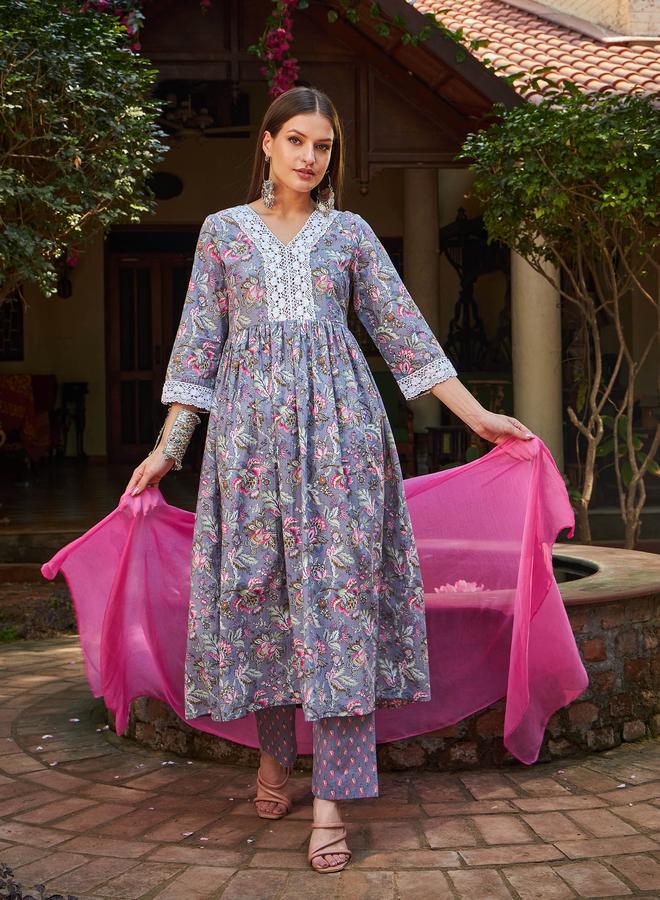 ساسافراس مجموعة كورتا رمادي ساسافراس مزخرف بالزهور مع بنطلون ضيق ودوباتا - Image 3