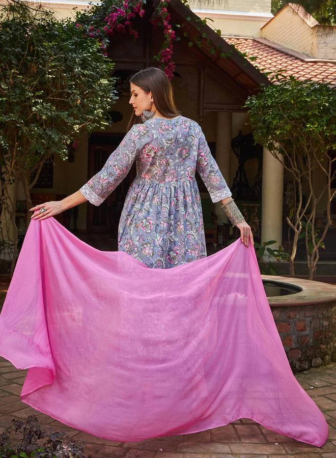 SASSAFRAS SASSAFRAS Grey Floral Gathered Kurta with Pencil Pants and Dupatta Set