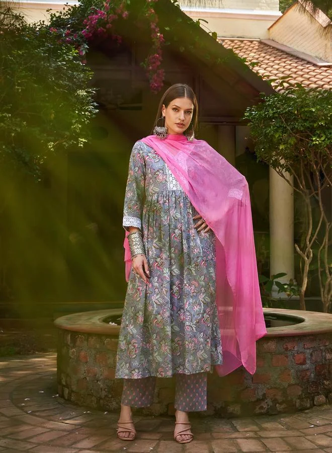 SASSAFRAS SASSAFRAS Grey Floral Gathered Kurta with Pencil Pants and Dupatta Set