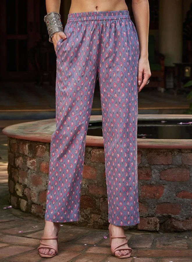 SASSAFRAS SASSAFRAS Grey Floral Gathered Kurta with Pencil Pants and Dupatta Set
