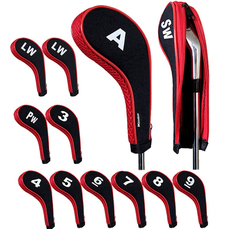 Andux 12pcs/Set Golf Iron Club Head Covers Number Print Long Neck with Zipper Black/red - Image 1