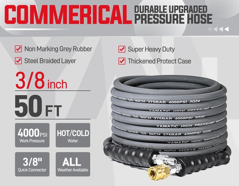 YAMATIC 3/8" ID Pressure Washer Hose 50 FT, 4000 PSI, Kink-Resistant 3/8Inch Swivel Quick Connect, Non-Marking Rubber Jacket, Steel Wire Braided, Hot Water 212Â°F Replacement Power Washer Hose - Image 2