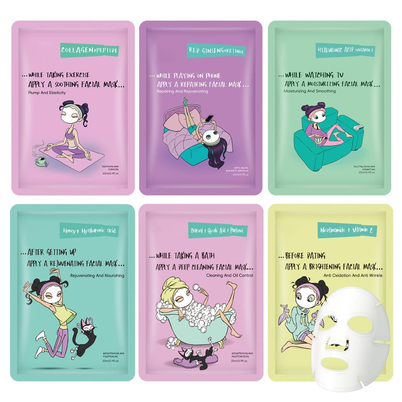 GUOYAOLIFU Face Masks Skincare Set for Girl,Moisturizing Collagen Facial Masks for Women Home Spa,Hyaluronic Acid Face Mask for All Skin Types,Day Night Facial Mask Hydrating,Deep Cleaning,Oil Contral(6Pack) - Image 1