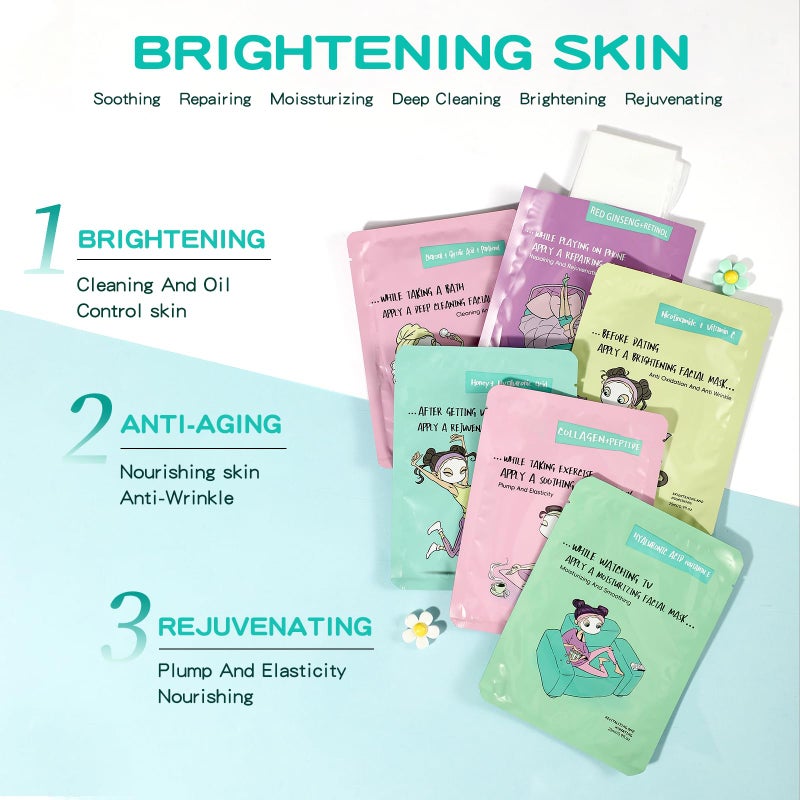 GUOYAOLIFU Face Masks Skincare Set for Girl,Moisturizing Collagen Facial Masks for Women Home Spa,Hyaluronic Acid Face Mask for All Skin Types,Day Night Facial Mask Hydrating,Deep Cleaning,Oil Contral(6Pack) - Image 4