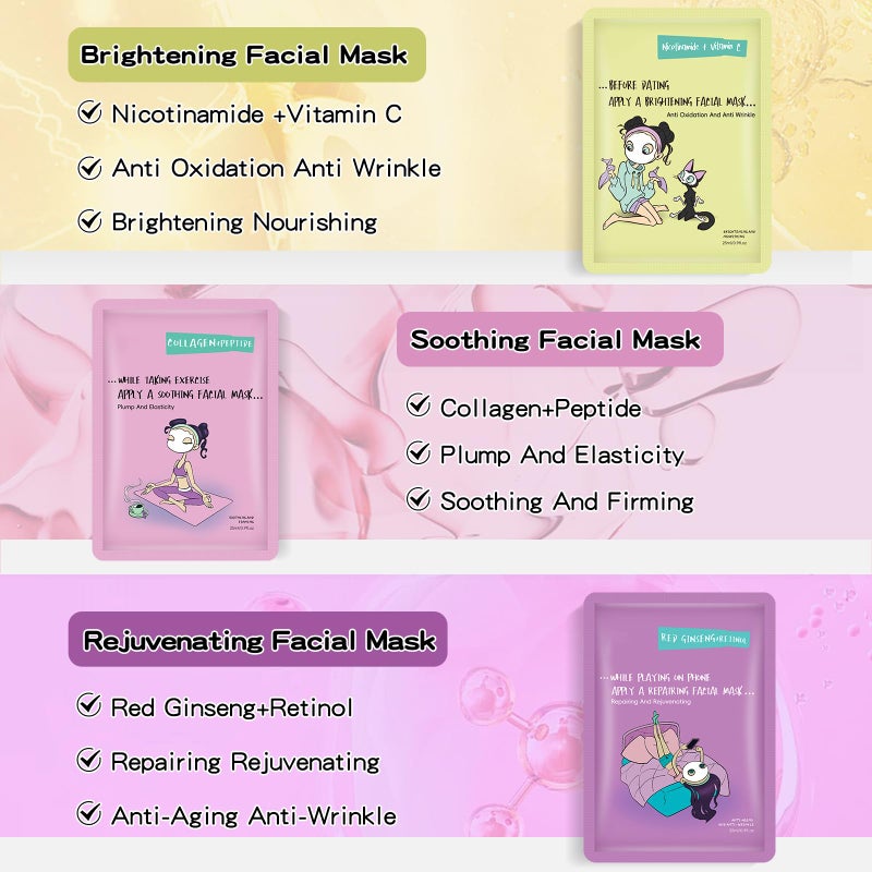 GUOYAOLIFU Face Masks Skincare Set for Girl,Moisturizing Collagen Facial Masks for Women Home Spa,Hyaluronic Acid Face Mask for All Skin Types,Day Night Facial Mask Hydrating,Deep Cleaning,Oil Contral(6Pack) - Image 2