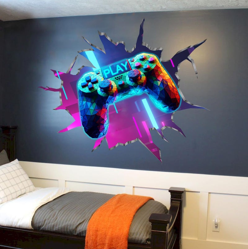YIMEHDAN Large 3D Game Wall Decals (35.8â€x32.4â€), Gaming Break Through The Wall Vinyl Wall Stickers for Game Lover, Removable Video Games Artwork for Boys Playroom Bedroom Decor - Image 1