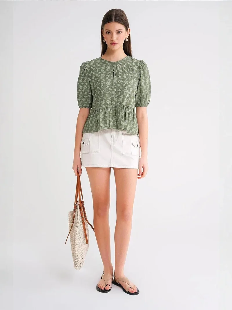 MixRay Mixray Frilly Crew Neck Blouse