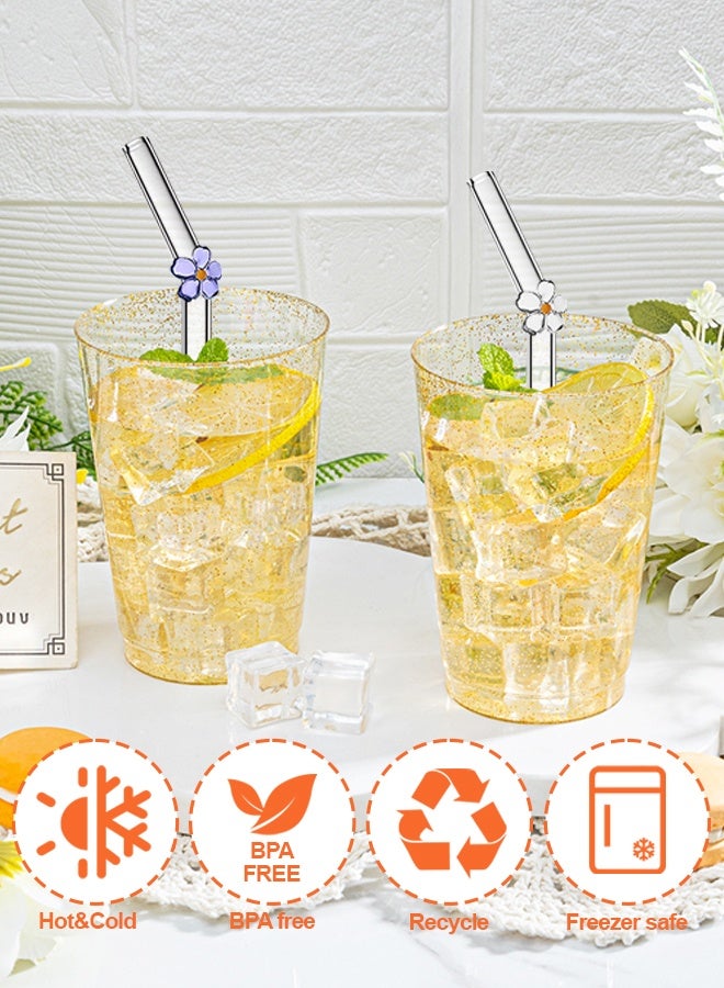 HOME-MART 6 PCS Reusable Glass Straws with 2 Cleaning Brushes, 19.5cm Bent Cute Colorful Flower Straws with Charms for Smoothies Juice Coffee Milkshakes - Image 5