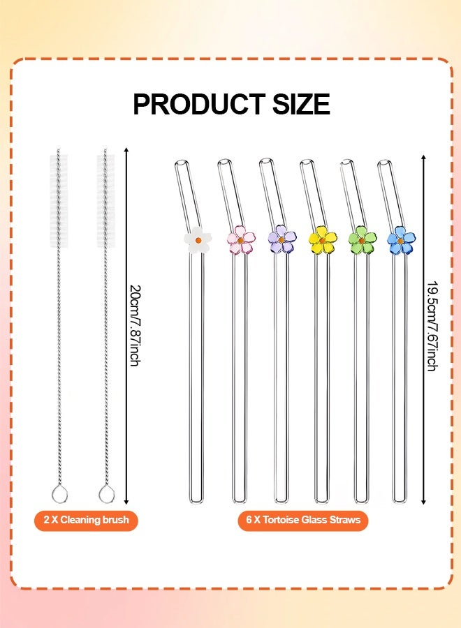 HOME-MART 6 PCS Reusable Glass Straws with 2 Cleaning Brushes, 19.5cm Bent Cute Colorful Flower Straws with Charms for Smoothies Juice Coffee Milkshakes - Image 2
