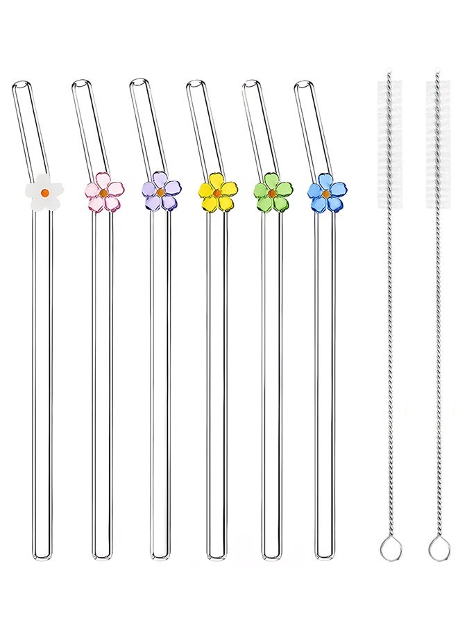 HOME-MART 6 PCS Reusable Glass Straws with 2 Cleaning Brushes, 19.5cm Bent Cute Colorful Flower Straws with Charms for Smoothies Juice Coffee Milkshakes - Image 1
