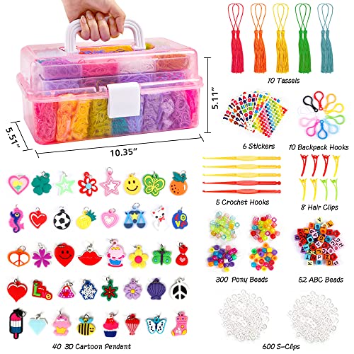INSCRAFT 17500+ Rubber Loom Bands with 3 Layer Pink Container, 28 Colors, 600 S-Clips, 352 Beads, 40 Cartoon Pendant, Bracelet Making Refill Kit for Kids - Image 2
