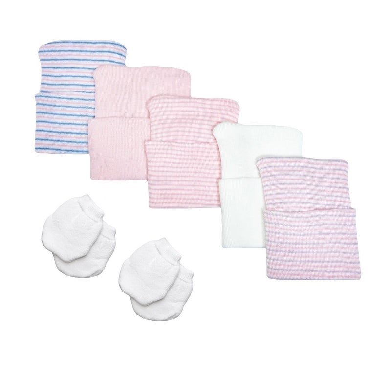 Nurses Choice Newborn Girl Hat & Mitten Set â€“ Multi-Color, Soft Breathable Fabric & Anti-Scratch Mittens - Image 1