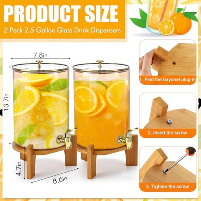 Honeydak 2 Pack 2.5 Gallon Each Amber Glass Drink Dispensers with Spigot, Gold Accent, Beverage Dispensers with Stand for Lemonade Juice Water Iced Tea Cocktails - Image 2