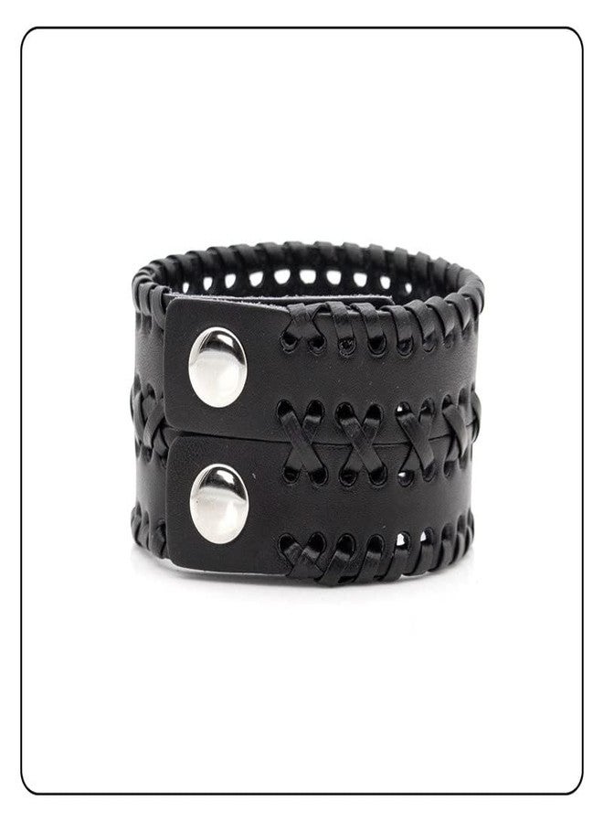 Fusamk Punk Rock Wide Cuff Wristband Braided Leather Bracelet(Black) - Image 3