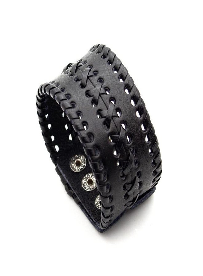 Fusamk Punk Rock Wide Cuff Wristband Braided Leather Bracelet(Black) - Image 1