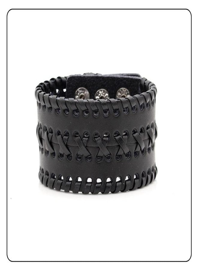 Fusamk Punk Rock Wide Cuff Wristband Braided Leather Bracelet(Black) - Image 2