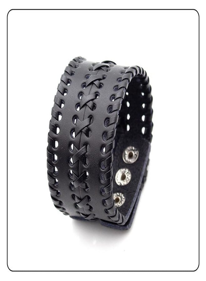 Fusamk Punk Rock Wide Cuff Wristband Braided Leather Bracelet(Black) - Image 4