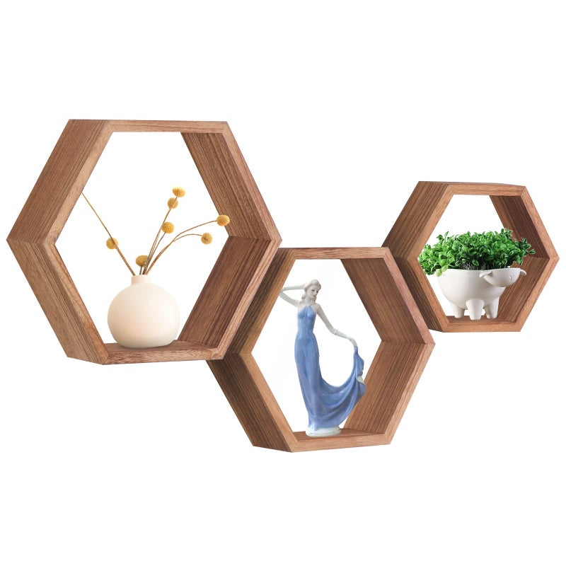 PHOENANCEE Hexagon Floating ShelvesHoneycomb ShelfWall Mounted Rustic Wood Octagon Storage Shelves Set of 3 for Living Room Bedroom Bathroom Office Hexagonal DecorCarbonized Black