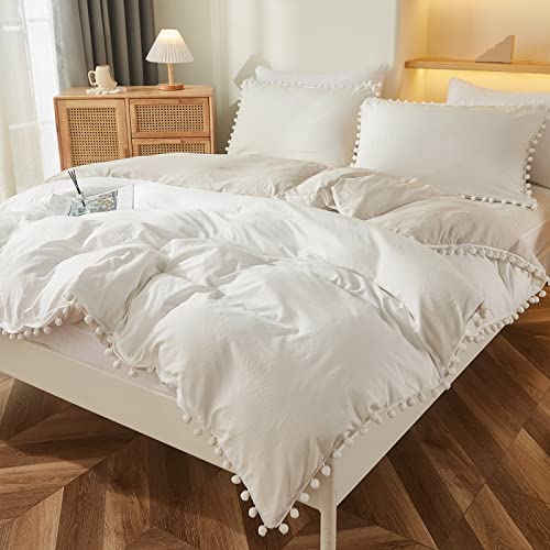 Bedbay White Duvet Cover Set Twin Size Boho Farmhouse Bedding Set Cute Pom Pom Fringe Aesthetic Room Decor for Girls Boys Ultra Soft Lightweight Preppy Bedding 2 Pcs WhiteBeigeTwin - Image 3