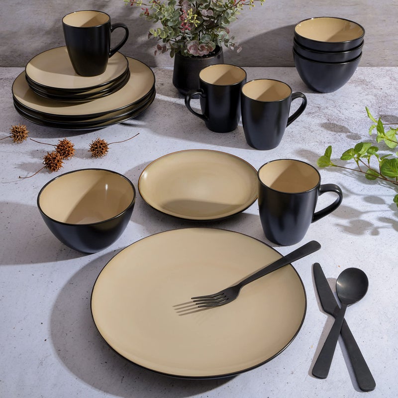 Gibson Elite Soho Lounge 16-Piece Round Reactive Glaze Stoneware Dinnerware Set, Service for 4 â€“ Taupe Plates and Bowls - Image 5
