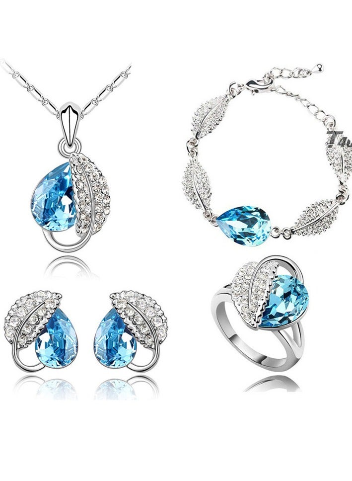 دبي جاليري Water Drop Crystal Pendant Jewelry Sets Summer Oceanblue Blue Rhinestones Leaf Women Necklace Earrings Bracelet Rings - Image 1