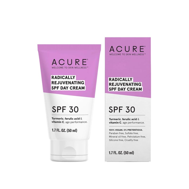 Acure Radically Rejuvenating SPF 30 Day Cream - Anti-Aging Sun Protection with Turmeric, Ferulic Acid & Vitamin C - Antioxidant Support, Calms and Soothes Skin - 100% Vegan - 1.7 Fl Oz, Scented
