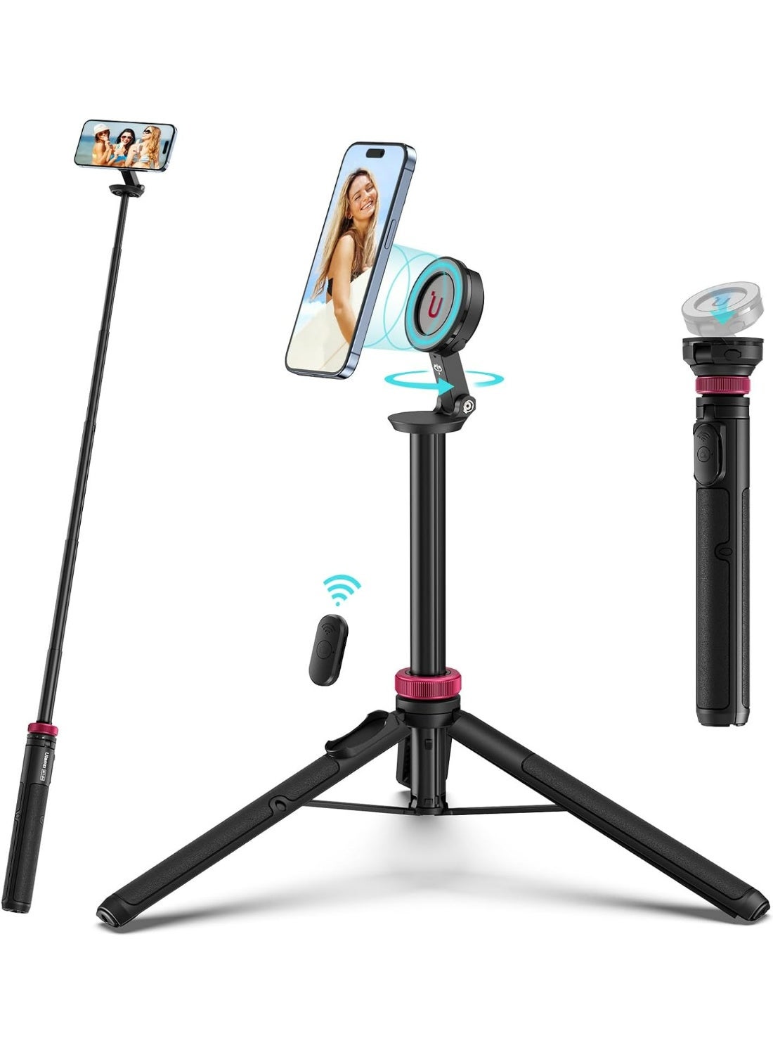 ULANZI 61'' Magnetic Selfie Stick Phone Tripod with Wireless Remote, Extendable Cell Phone Holder Stand, Compatible with MagSafe, Cellphone Tripod for iPhone 17 16 15 14 13 12 and Android Phones