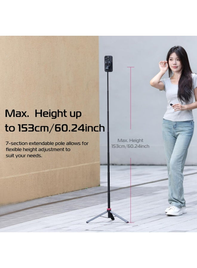 يولانزي حامل ثلاثي القوائم مغناطيسي للهاتف من يولانزي بطول 61 بوصة مع جهاز تحكم عن بعد لاسلكي، حامل هاتف قابل للتمديد، متوافق مع MagSafe، حامل ثلاثي القوائم للهواتف المحمولة لأجهزة iPhone 17 و16 و15 و14 و13 و12 وهواتف Android - Image 4