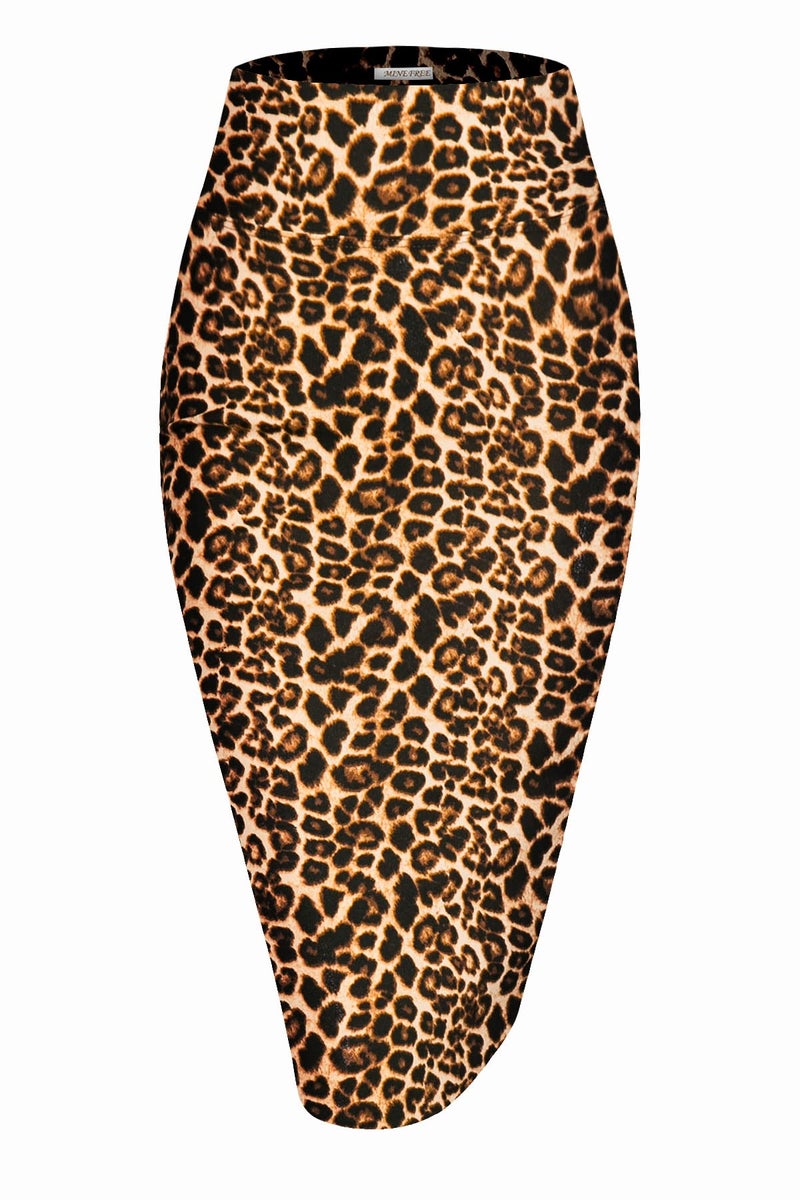 MINEFREE Women's Premium High Waist Nylon Ponte Stretch Office Pencil Skirt Leopard Cheetah ANIMALBROWN M - Image 1
