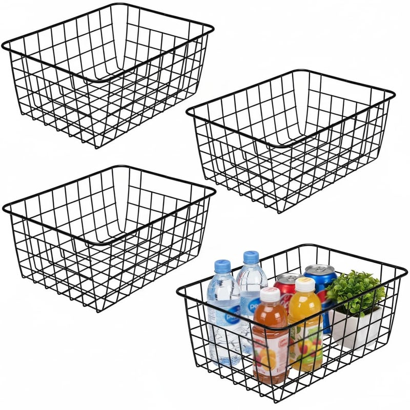LeleCAT Wire Baskets with Handles, Wire Storage Organizer Baskets, Household Refrigerator for Cabinets, Pantry, Closets, Bedrooms - Set of 4ï¼ˆBlack)
