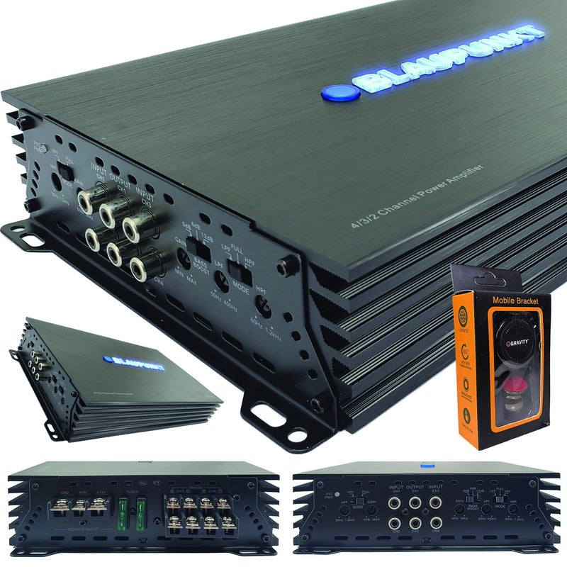 Blaupunkt AMP1404 Car Audio 4Channel Amp Amplifier 1500 Watts Max Peak Power with Gravity Magnet Phone Holder Bundle